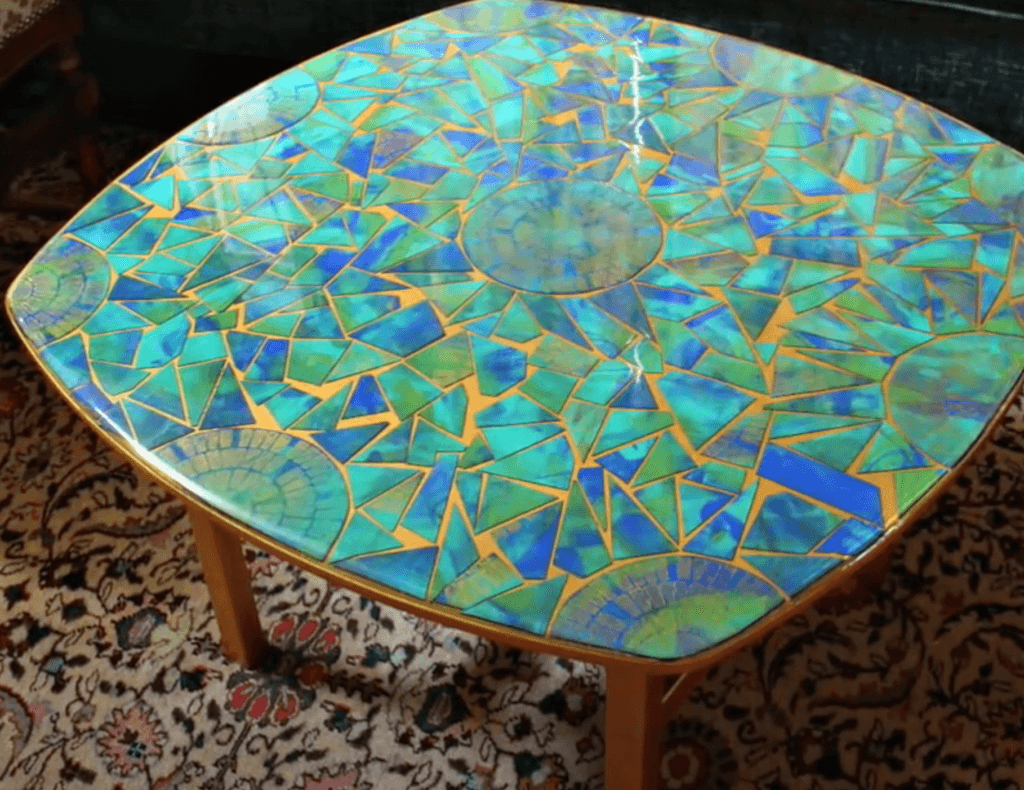 Mosaic Table made with cardboard and Epoxy Resin Blue Turquoise and Gold