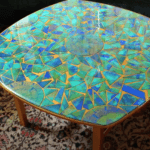 Mosaic Table made with cardboard and Epoxy Resin Blue Turquoise and Gold