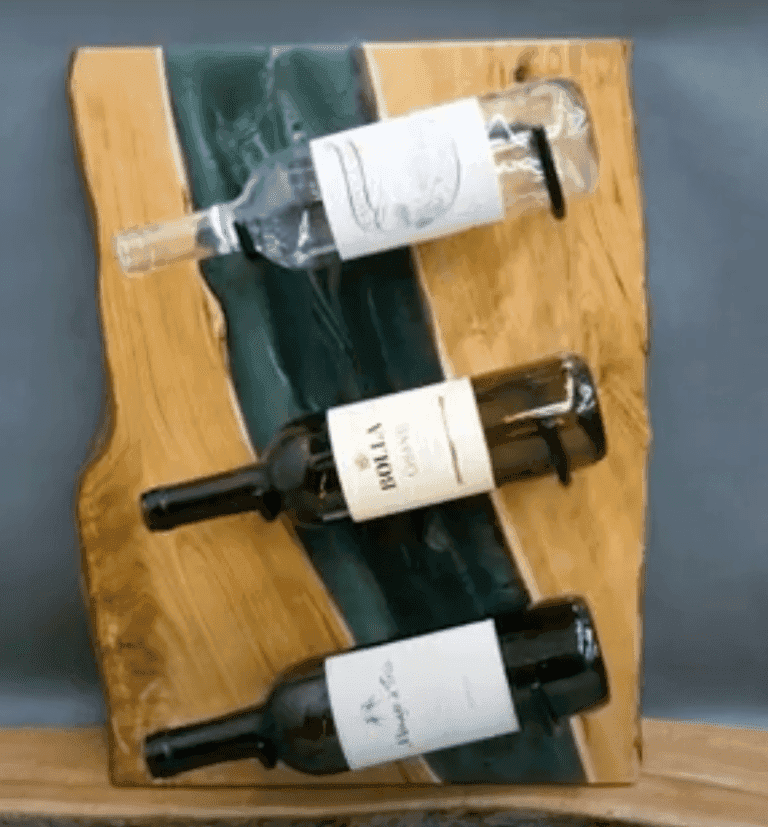 Epoxy River Wine Rack with wine bottles on hooks